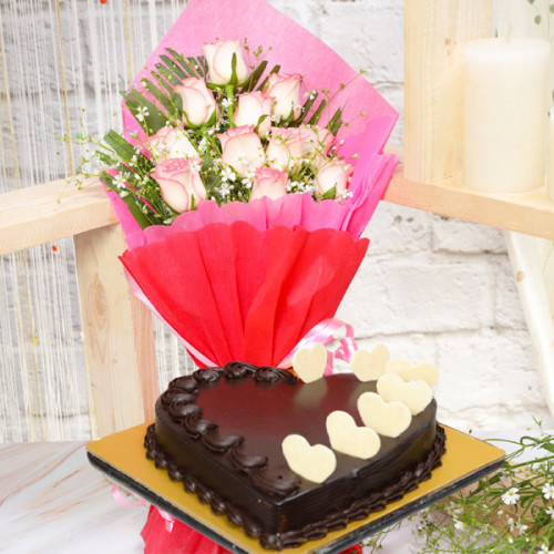 Rosy Decadence: A Gift Combo of 10 Pink Roses & 0.5 Kg Heart-Shaped Chocolate Cake