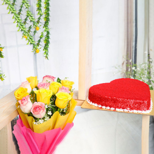 Harmony Roses: A Gift Combo of 5 Pink & 5 Yellow Roses & 0.5 Kg Heart-Shaped Red Velvet Cake