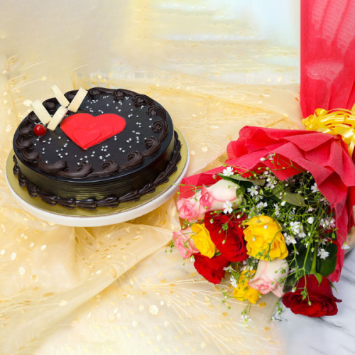 Rosey Chocolate: A Gift Combo of 10 Mix Roses & 0.5 Kg Chocolate Cake