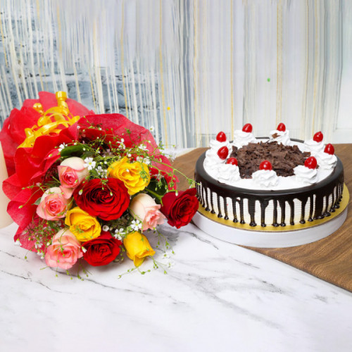 Rosey Forest: A Gift Combo of 10 Mix Roses & 0.5 Kg Black Forest Cake