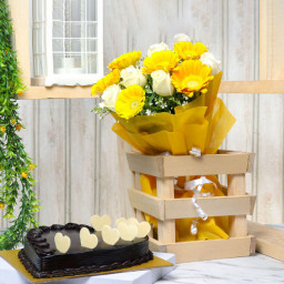 Sunny Sweetheart: A Gift Combo of 5 White Roses and 5 Yellow Gerberas and 0.5 Kg Heart-Shaped Chocolate Cake