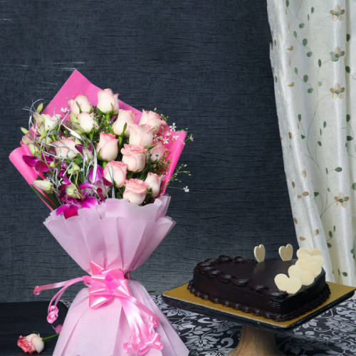 Floral Indulgence: A Gift Combo of 10 Pink Roses and 3 Purple Orchids and 0.5 Kg Heart-Shaped Chocolate Cake