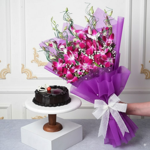 Purple Orchids and Truffle: A Gift Combo of 6 Purple Orchids and 0.5 Kg Truffle Cake