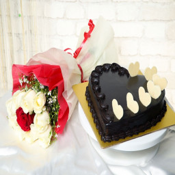 White and Red Roses & Heart Shaped Chocolate Cake: A Gift Combo of 10 White Roses and 1 Red Rose and 0.5 Kg Heart-Shaped Chocolate Cake
