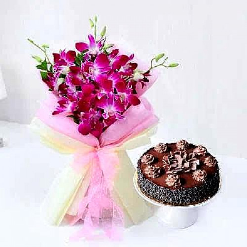 Orchids n Ferrero Chocolate Cake: A Gift Combo of 6 Purple Orchids and 0.5 Kg Ferrero Chocolate Cake
