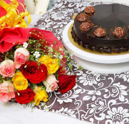 Mix Roses n Ferrero Chocolate Cake: A Gift Combo of 10 Mix Roses and 0.5 Kg Ferrero Chocolate Cake