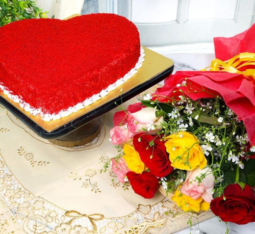 Mix Roses & Red Velvet Heart: A Gift Combo of 10 Mix Roses and 0.5 Kg Heart-Shaped Red Velvet Cake