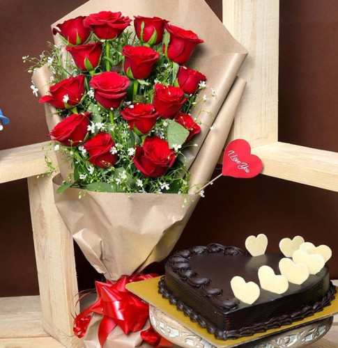 Wrapped Roses n Truffle Heart: A Gift Combo of 12 Red Roses and 0.5 Kg Heart-Shaped Truffle Cake
