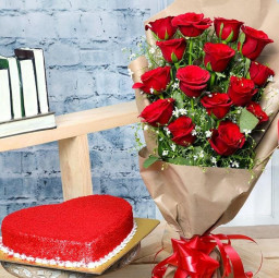Wrapped Roses n Red Velvet Heart: A Gift Combo of 12 Red Roses and 0.5 Kg Heart-Shaped Red Velvet Cake
