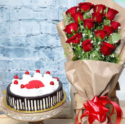 Wrapped Roses n BlackForest: A Gift Combo of 12 Red Roses and 0.5 Kg Black Forest Cake
