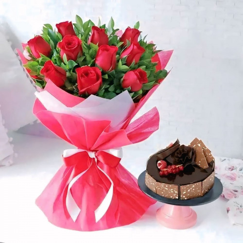 12 Red Roses n Chocolate Cake: A Gift Combo of 12 Red Roses and 0.5 Kg Chocolate Cake