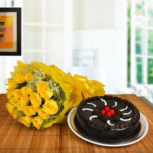 Yellow Roses n Truffle Cake: A Gift Combo of 10 Yellow Roses and 0.5 Kg Truffle Cake