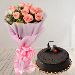 10 Pink Roses n Truffle cake: A Gift Combo of 10 Pink Roses and 0.5 Kg Chocolate Cake