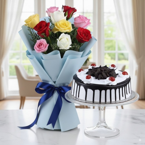 10 Mix Roses n BlackForest Cake: A Gift Combo of 10 Mix Roses and 0.5 Kg Black Forest Cake