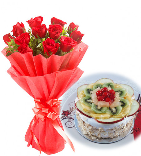 Red Roses n Fruit Cake: A Gift Combo of 10 Red Roses and 0.5 Kg Fruit Cake