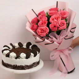 Oreo Cake N Pink Roses: A Gift Combo of 10 Red Roses and 0.5 Kg Oreo Cake