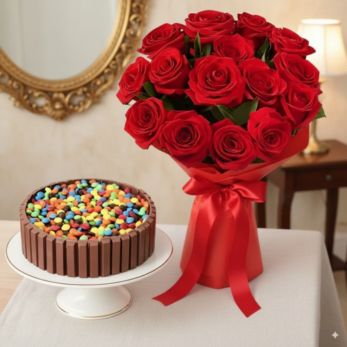 Kitkat Gems Cake n Red Roses: A Gift Combo of 10 Red Roses and 0.5 Kg KitKat Gems Cake