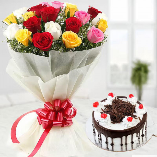 20 Mixed Roses n BlackForest: A Gift Combo of 20 Mix Roses and 0.5 Kg Black Forest Cake