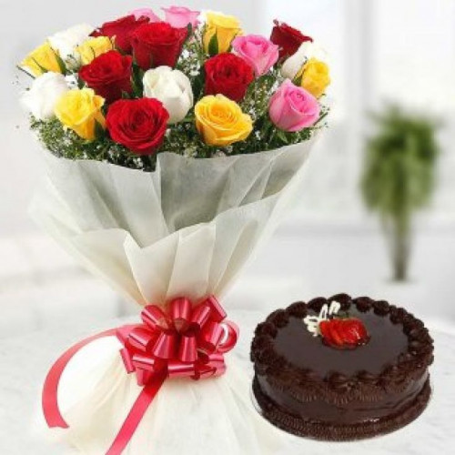 20 Mixed Roses n truffle cake: A Gift Combo of 20 Mix Roses and 0.5 Kg Truffle Cake