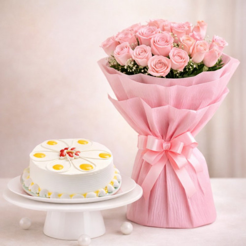 15 Pink Roses n Butterscotch Cake: A Gift Combo of 15 Pink Roses and 0.5 Kg Butterscotch Cake