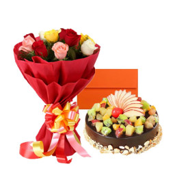 Mix Roses n Chocolate Fruit Cake: A Gift Combo of 10 Mix Roses and 0.5 Kg Chocolate Fruit Cake and Greeting Card