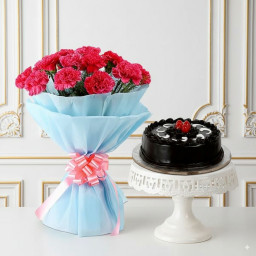 Pink Carnations n Truffle: A Gift Combo of 10 Pink Carnations and 0.5 Kg Truffle Cake
