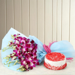 6 Purple Orchids Red Velvet Cake: A Gift Combo of 6 Purple Orchids and 0.5 Kg Red Velvet Cake