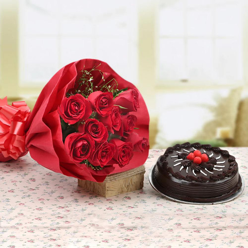 15 Red Roses n Truffle Cake: A Gift Combo of 15 Red Roses and 0.5 Kg Truffle Cake