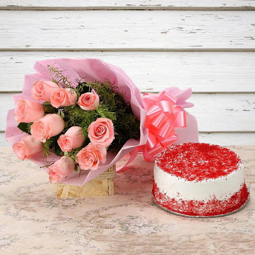 Pink Roses n Red Velvet Cake: A Gift Combo of 10 Pink Roses and 0.5 Kg Red Velvet Cake