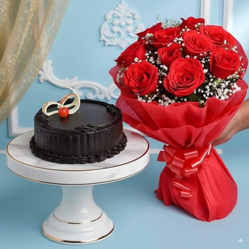 Red Roses n Truffle Cake: A Gift Combo of 10 Red Roses and 0.5 Kg Truffle Cake