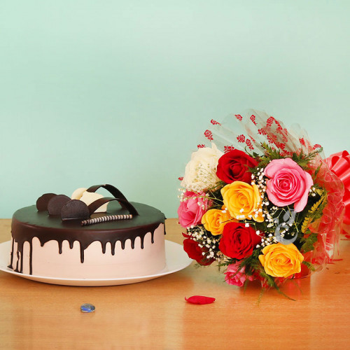 Lovably Yours: A Gift Combo of 10 colourful roses and 0.5 kg chocolate cake