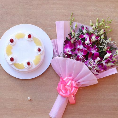 More the Merrier: A Gift Combo of 6 purple orchids and 0.5 kg pineapple cake