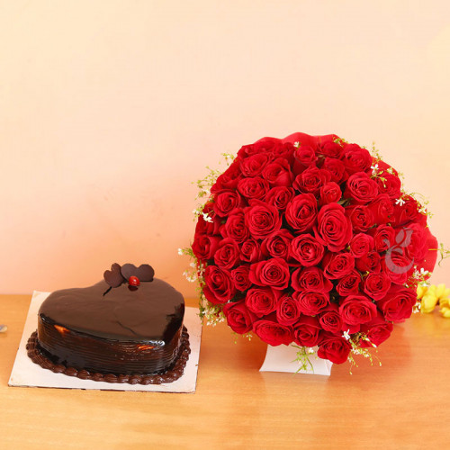Make My Day: A Gift Combo of 50 red roses and 0.5 kg heart-shaped chocolate cake