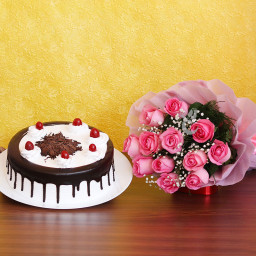 Gentle Love: A Gift Combo of 10 pink roses and 0.5 kg Black Forest cake