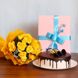 Friendly Expressions: A Gift Combo of 12 yellow roses, greeting card and 0.5 kg chocolate cake