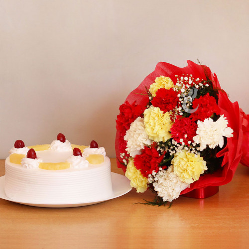 Beyond Horizons: A Gift Combo of 8 mix carnations and 0.5 kg pineapple cake
