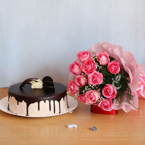Innocent Expressions: A Gift Combo of 10 pink roses and 0.5 kg chocolate truffle cake