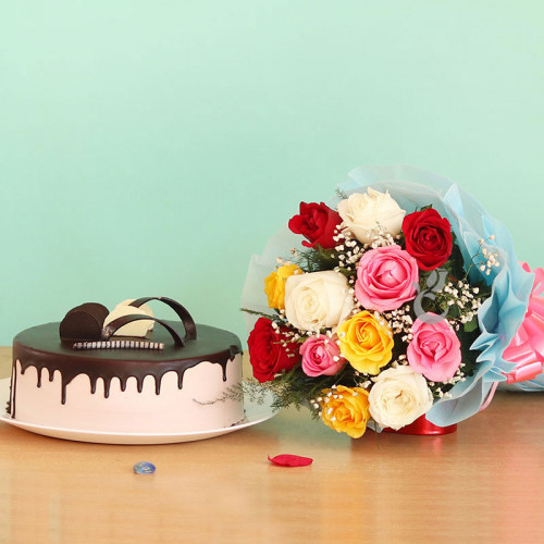 Gracious Lady Charm: A Gift Combo of 12 mix roses and 0.5 kg chocolate cake