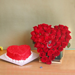 Hearty Connections: A Gift Combo of 40 red roses heart-shaped arrangement and 0.5 kg heart-shaped red velvet cake