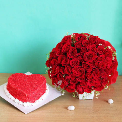 Royal Fantasy: A Gift Combo of 50 red roses and 1 kg heart-shaped red velvet cake