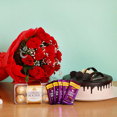 Ecstatic Love Vibes: A Gift Combo of 10 red roses, 5 Cadbury chocolates, 16 pcs Ferrero Rocher and 0.5 kg chocolate cake