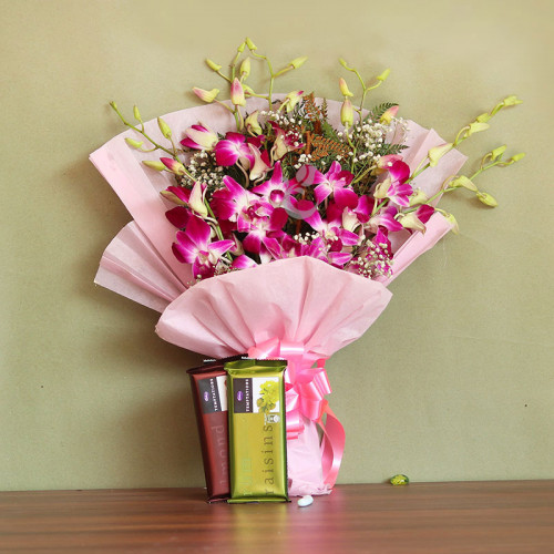 Sweet Treasure: A Gift Combo of 6 purple orchids and 2 Cadbury Temptations