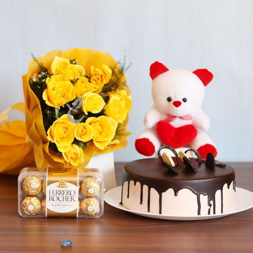 Bountiful Hamper: A Gift Combo of 12 yellow roses, 0.5 kg chocolate cake, 6 inch teddy and 16 pcs Ferrero Rocher
