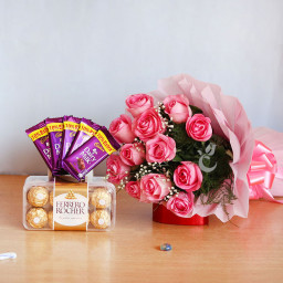 Pink Blooms With Choco Treats: A Gift Combo of 10 pink roses, 5 Dairy Milk chocolates and 16 Ferrero Rocher