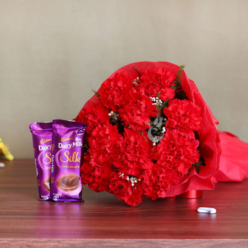 Carnation Of Choco Delight: A Gift Combo of 10 red carnations and 2 Cadbury Dairy Milk Silk