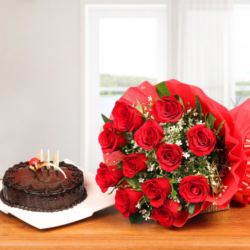 Truffle Love Combo: A Gift Combo of 10 red roses and 0.5 kg chocolate truffle cake