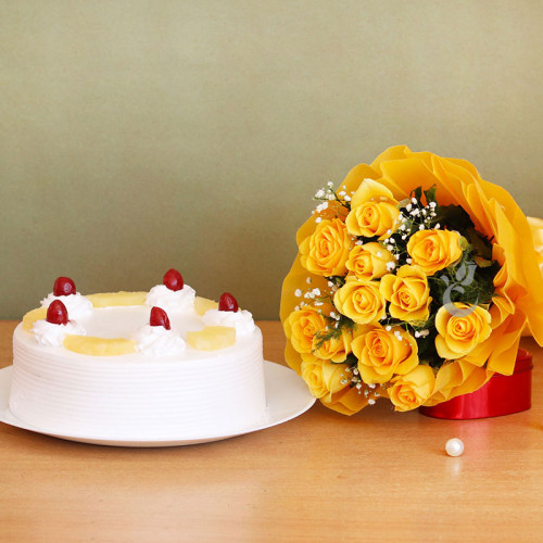 Heartful Wishes: A Gift Combo of 10 yellow roses and 0.5 kg pineapple cake