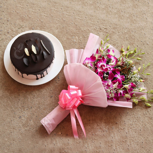 Orchid Endurance: A Gift Combo of 6 Purple Orchids and 0.5 Kg Chocolate Cake