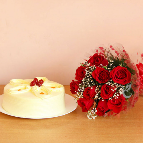 Blooming Butterscotch: A Gift Combo of 10 Red Roses and 0.5 Kg Butterscotch Cake