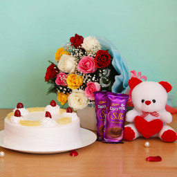 Cute Hug: A Gift Combo of 12 Mix Roses, 6 Inch Teddy, 2 Dairy Milk Silk and 0.5 Kg Pineapple Cake